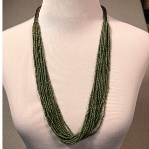 Olive Green Multi Strand Beaded Statement Necklace Boho Brass Tone